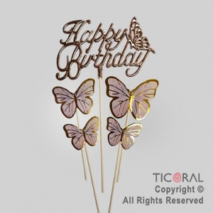CAKE TOPPER CON 4 MARIPOSAS LILAS Y HAPPY BIRTHDAY CURSIVA ROSA GOLD METALIZADO